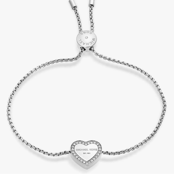 Michael Kors Silver Tone Heritage Pave Clear Rhinestone Logo Heart Bracelet - Picture 3 of 10